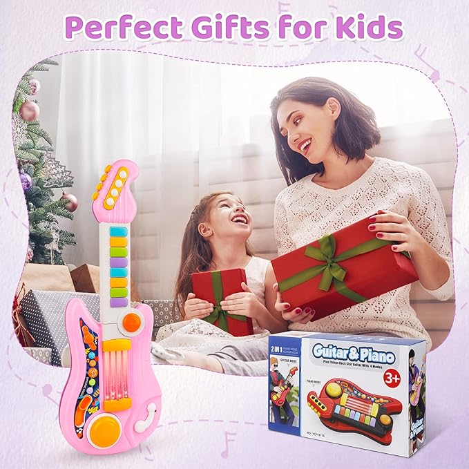 Kids Guitar 2 in 1 Musical Instruments for Kid - Fun Piano Toddler Toy & Electric Guitars | Explore Creativity | Unleash Child?™s Talent, Music Toys for 2-4 Year Old Boys & Girls (Pink)