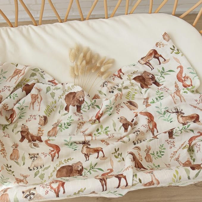 LifeTree Muslin Swaddle Blankets Neutral and Baby Burp Cloths for Newborn Girls Boys, 70% Viscose from Bamboo and 30% Cotton, Woodland Animals & Pine Tree