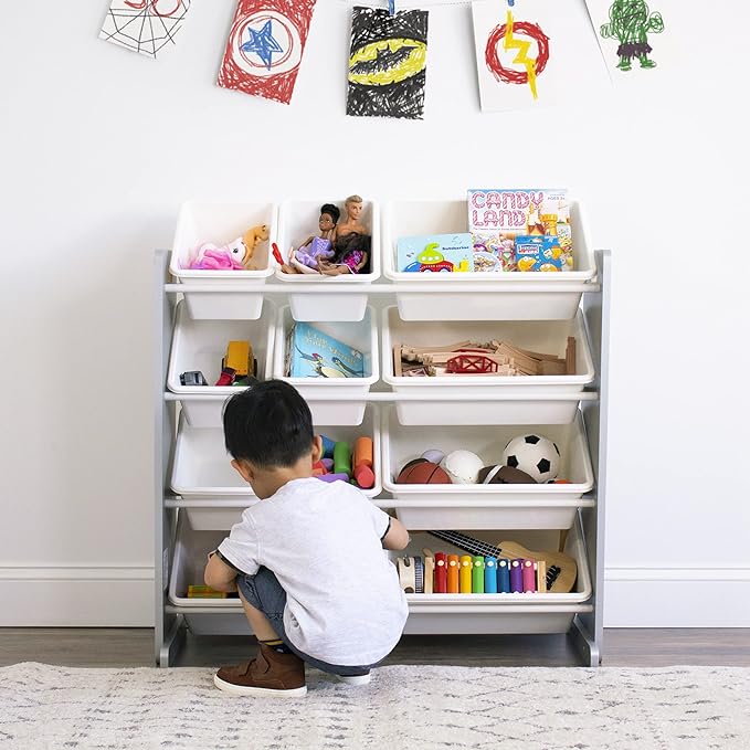 Humble Crew Kids Toy Storage Organizer with 12 Plastic Bins, Grey/White ??Removable Bins for Playroom, Bedroom, Toddler Furniture for Boys and Girls Ages