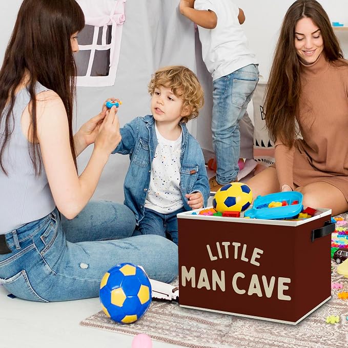 Little Man Cave Boys Storage Bins Box with Handles, Olive Red Boho Collapsible Basket Organizer for Kids Boys Playroom Nursery Room Bedroom Bathroom Toys Books Clothes