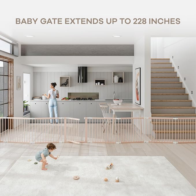 Comfy Cubs Baby Gate Playpen - 57 x 57 x 25 in, Extends Up to 228” - Pine Wood Foldable Playpen with Child-Proof Lock - Easy Assembly Baby Fence Play Area for Babies & Toddlers - Blush