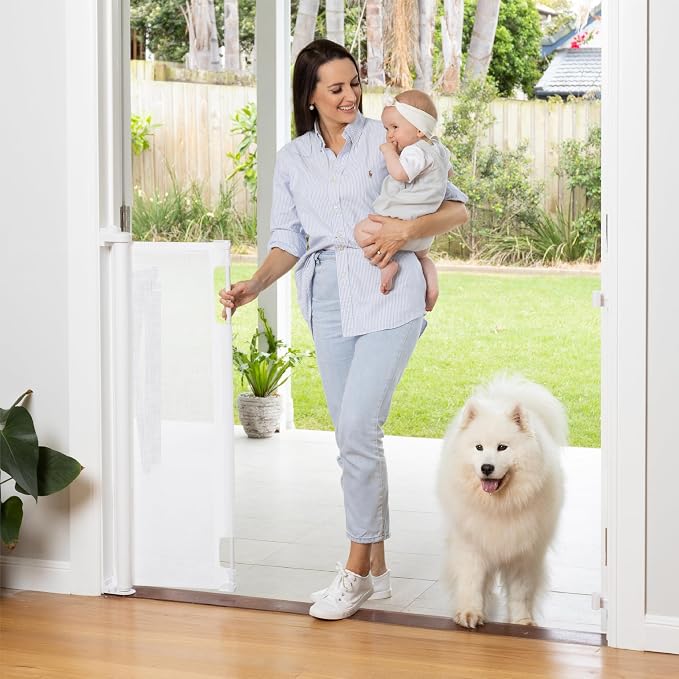 Retractable Baby Gate Perma Child Safety 41" Tall x 71” Wide, Mesh, for Stairs, Doorways, Dogs, Pets, Indoor, Outdoor, One-Handed Operation, Locking, Easy Install, Hardware Mount, White