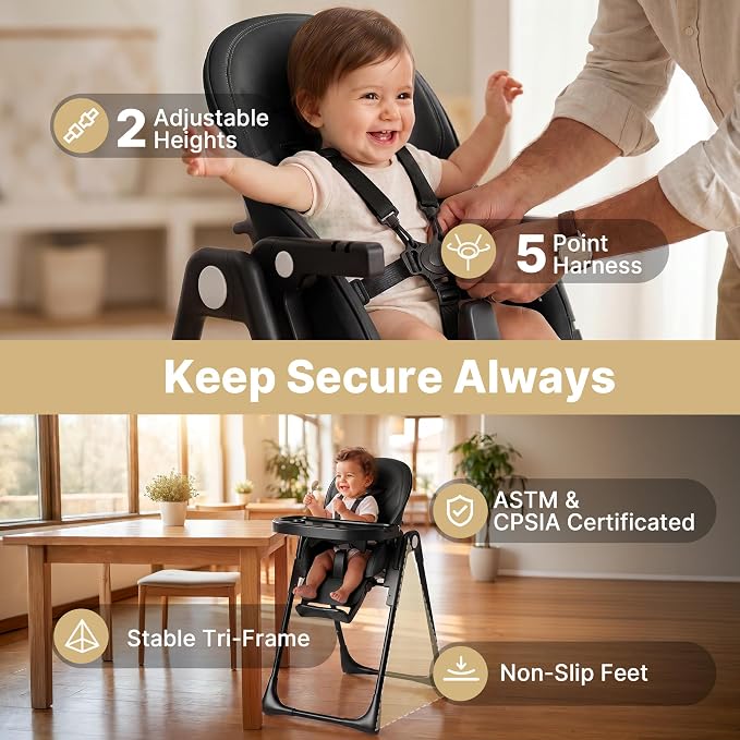 Baby High Chair, Convertible Folding Highchair with Dishwasher-Safe Tray, Adjustable Heights & Backrest, 5-Point Harness, Portable Dining High Chairs for Babies and Toddlers (Black)