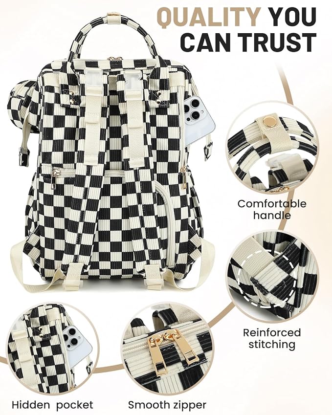 Corduroy Diaper Bag Backpack, Large Capacity Multifunction Baby Diaper Bags for Women, Insulated Bottle Pockets & Pacifier Case, Stylish Travel Nappy Changing Bags for Mom Dad (Checkered Black)