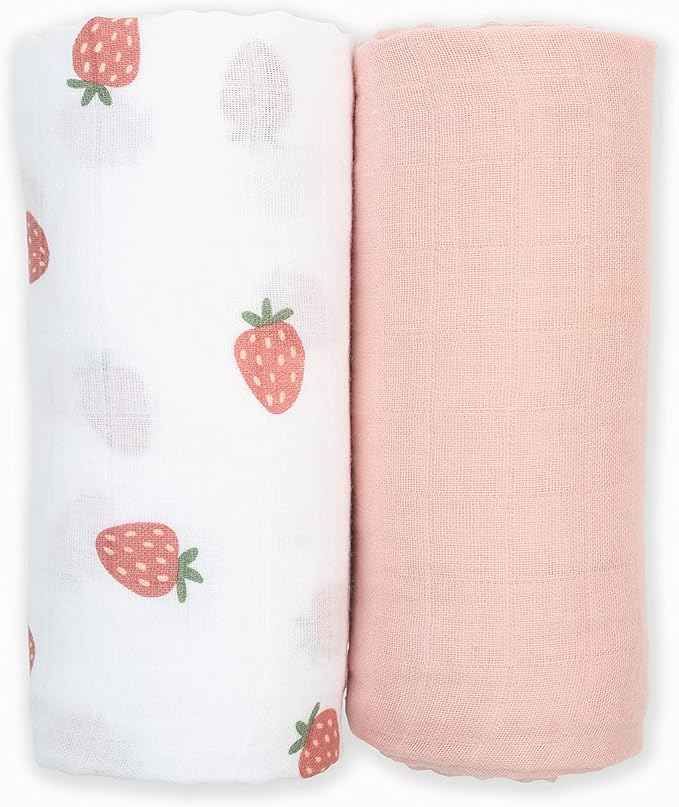 Lulujo Baby Swaddle Blankets | Unisex Softest Breathable Cotton Muslin Swaddle Blanket Set | Neutral Receiving Blanket for Girls & Boys | 40in x 40in | Strawberries & Ballet Slipper | 2-Count