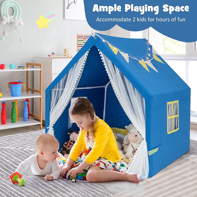HONEY JOY Kids Tent, Large Kids Play Tent w/Washable Padded Mat, Star Lights, Flags, Windows & Storage Pocket, Indoor Outdoor Toddler Playhouse, 48” x 42” x 50”, Tent for Kids Boys Girls