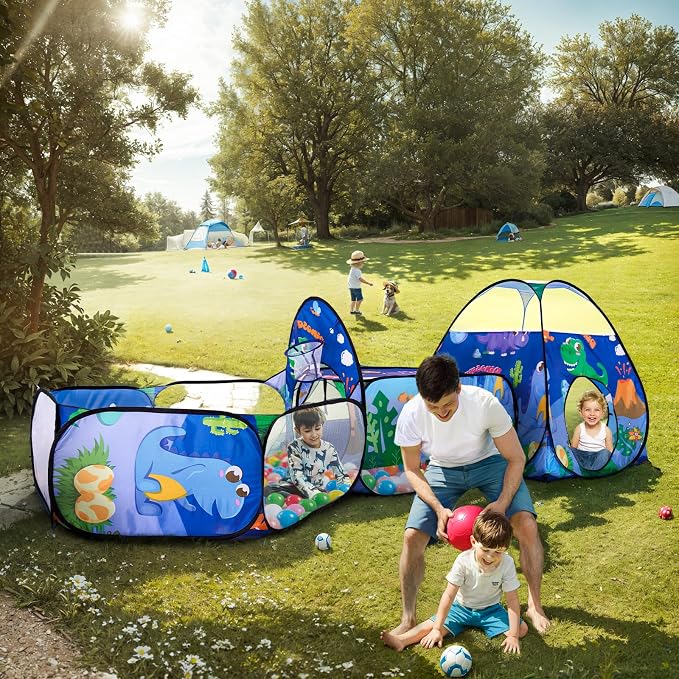 3PC Dinosaur Kids Play Tent with Ball Pit, Crawl Tunnel, Toddlers Playhouse Castle Toys, Baby Boys Girls Gift for 3 4 5 6 7 Years Old, Outdoor Indoor, Lightweight (Balls Not Included)