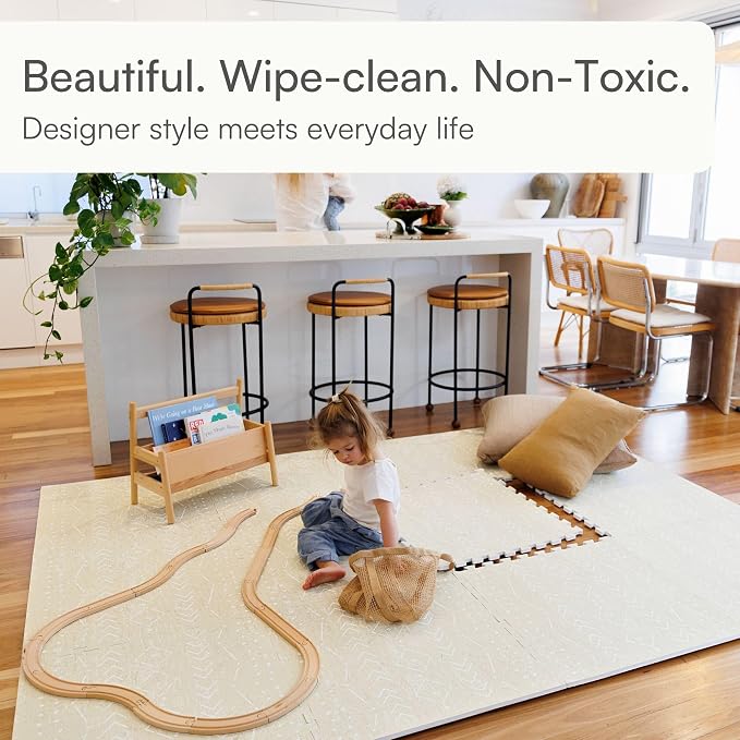 Lillefolk Baby Play Mat for Floor – 8x8ft Beige | PFAS Free Non Toxic Premium EVA Foam Tiles for Tummy Time, Crawling & Playpen – No Lose Edges Interlocking Floor Mat for Babies & Toddlers (16 Tiles)
