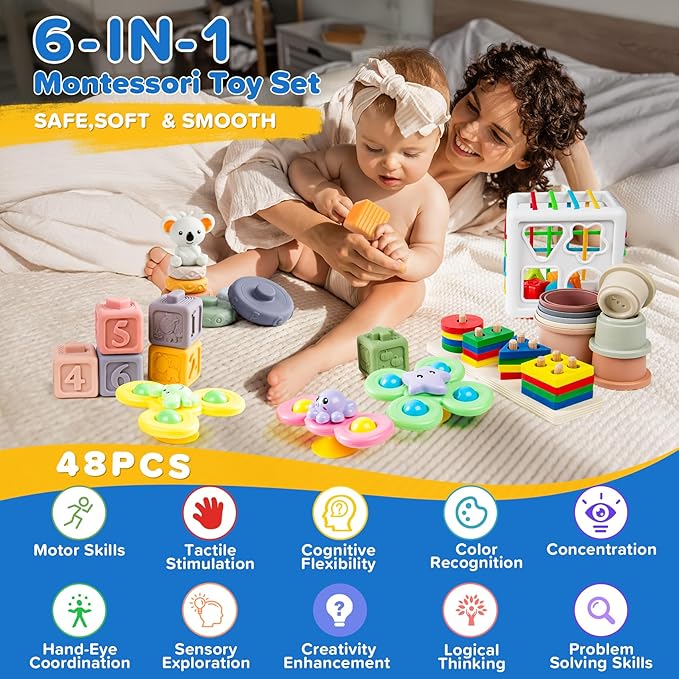 6-in-1 Baby Toys 6 to 12 Months, Montessori Toys for Babies 6-12-18 Months, Infant Teething Toy Stacking Blocks Rings Sensory Bin, Sorting Sensory Educational Learning Gift for Toddlers Aged 1-3