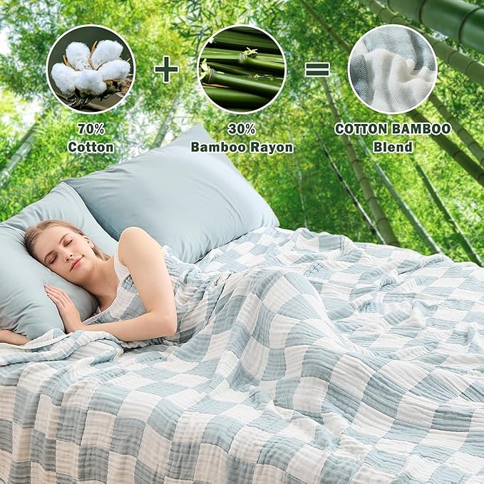 EMME Cooling Muslin Queen Blanket for Bed - Checkered Lightweight Summer Cotton Blankets of Rayon Derived from Bamboo for Hot Sleepers, Ultra Soft Breathable Gauze