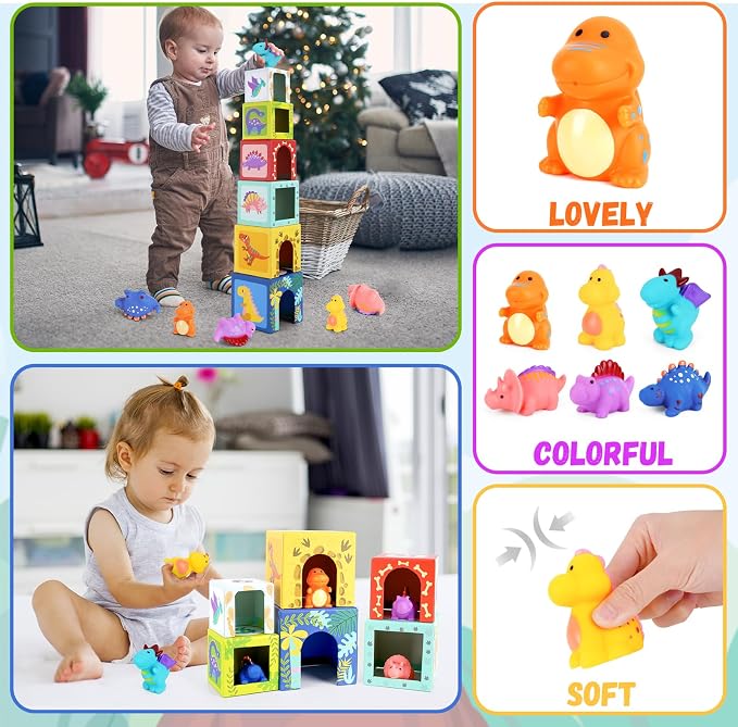 KMTJT Toddlers and Babies Dinosaur Sorting and Stacking Toys Blocks for 1-3 Kids Preschool Learning, Numbers Nesting Boxes Montessori Toys Gifts for 1 2 3 Year Old Baby Boys Girls