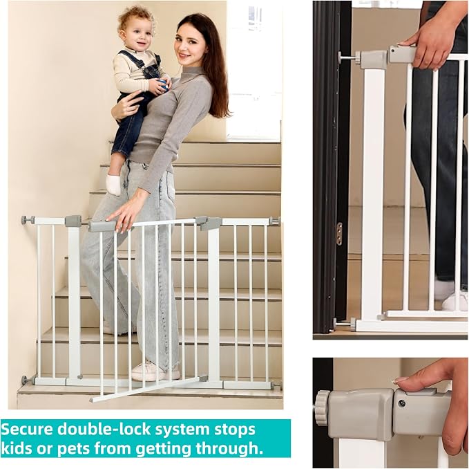44.72"-46.89" Baby and Pet Safety Gate, 30" Tall Metal Walk-Thru Gate for Doorways & Stairs, Easy One-Hand Open, Dual Lock, Extensions & Wall Mounts Included (Gray, 29"-46" W x 30.5“H)