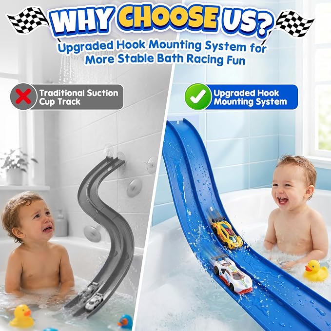 Race Car Bath Toys Set, Flexible Bathub Race Track Toys with 2 Cars for Kids, Hook Mount Fits All Bathtubs and Bag, Pool Water Toys Cars Bath Toys Gifts for Boys Girls