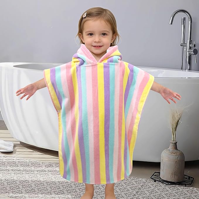 VOOVA & MOVAS Toddler Towel with Hood, 100% Cotton, Oversized (2-4Years,22"X22"),Absorbent Hooded Poncho Towel for Baby,Perfect for Pool | Swimming | Bath | Beach,Colorful Rainbow Stripe