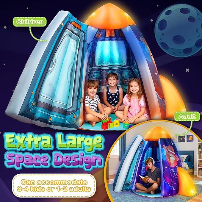Subao Rocket Inflatable Light Up Sensory Tent for Kids with Autism,Blow Up Kids Tent for Home Classroom Indoor Play,Autism Sensory Products for Calm Corner,Birthday Xmas Gifts for Children