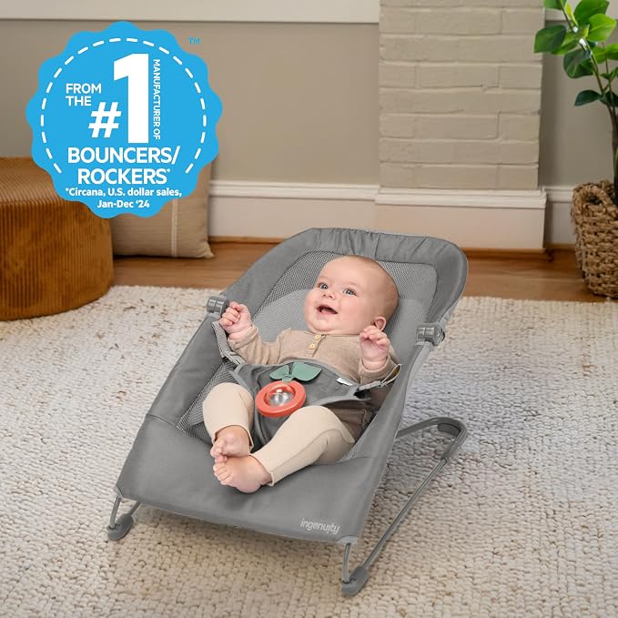 Ingenuity Stow & Go Compact Folding Baby Bouncer, Lightweight Portable Seat with Vibration, Grey, Under 5 lbs
