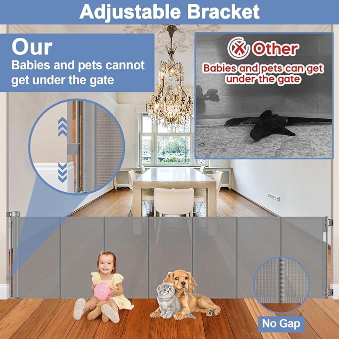 Reinforced 120 Inch Extra Large Baby Gate for Doorway, 33 Inch Tall Retractable Baby Gates Extra Wide, 10 Ft Mesh Gates for Kids and Pets, Outdoor Retractable Gate for dogs with Reinforced Strip, Gray