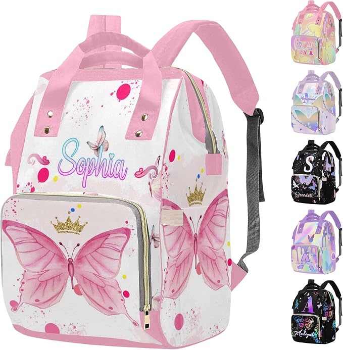 M YESCUSTOM Custom Diaper Bag for Girls - Large Capacity Backpack with Pockets - Butterfly Personalized Baby Diaper Bags for Mom - Waterproof Nappy Bag - Newborn Gift