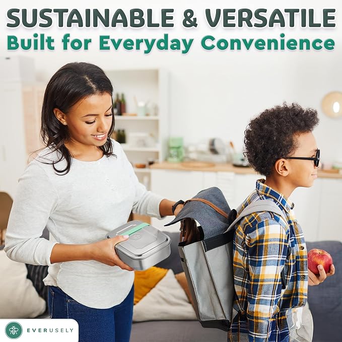 Everusely - Bento Box - Green, 60oz / 1.8 L - Extra Large Stainless Steel Lunch Box + Leakproof Condiment Container - 3 Compartment Snack Organizer for On the Go Meals - Freezer & Dishwasher Safe