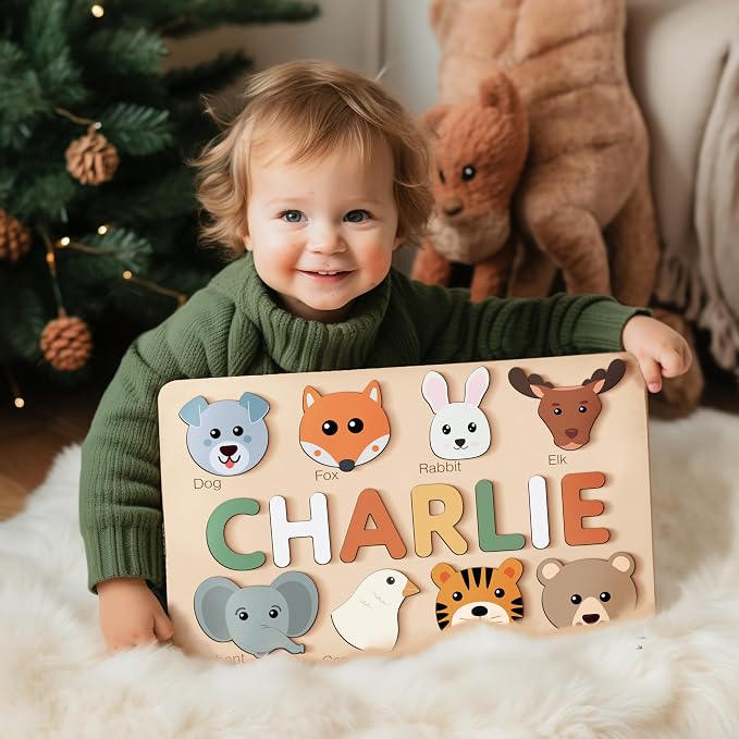 Cute Name Puzzle: Personalized with Name and Animals | 1st Birthday Gift, Wooden Toy Playful Learning Experience for Kids Ages 0-3: Handmade by Zuzu Puzzle, CPC Certified