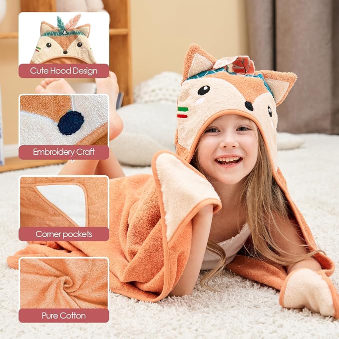 Style Quarters Baby Bath Towel - 100% Cotton Terry Soft Hooded Towel Cartoon Fox Baby Beach Towels Super Absorbent Large Embroidery Kids Hooded Bath Toddler Towel with 50"x30"(Orange Fox)