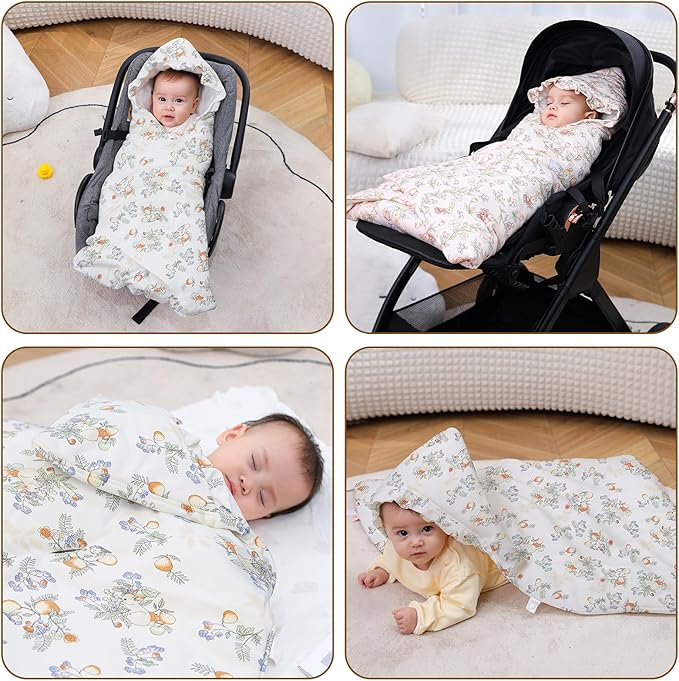 LAT LEE AND TOWN Winter Baby Car Seat Blanket for Newborn,35"x35"Universal Baby Wrap Blanket with Ruffle Hood,Winter Thickening Double Sided Cotton for Infants,Blankets for Stroller(Rabbit Fruits)
