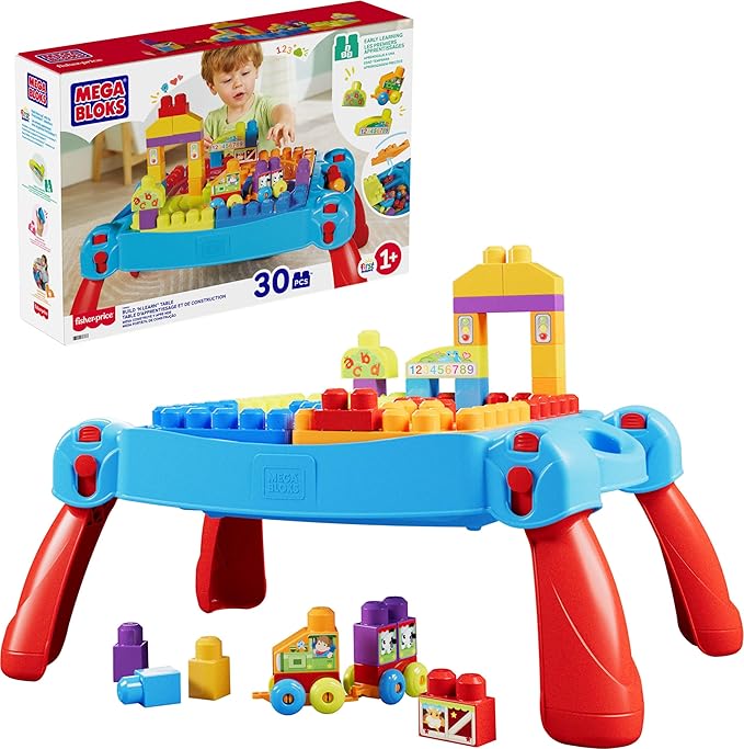 MEGA BLOKS First Builders Toddler Blocks Toy, Build ‘n Learn Portable Activity Table with 30 Pieces and Built-In Storage, Blue, Kids Ages 1+ Years (Amazon Exclusive)