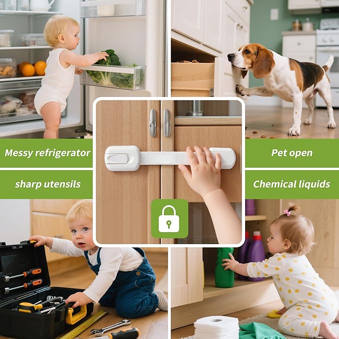 SKYWARD 6-Pack Baby Safety Cabinet Locks, Adjustable Length, Drill-Free, Suitable for Drawers, Ovens, Cabinets, Ensuring Child Safety (White)