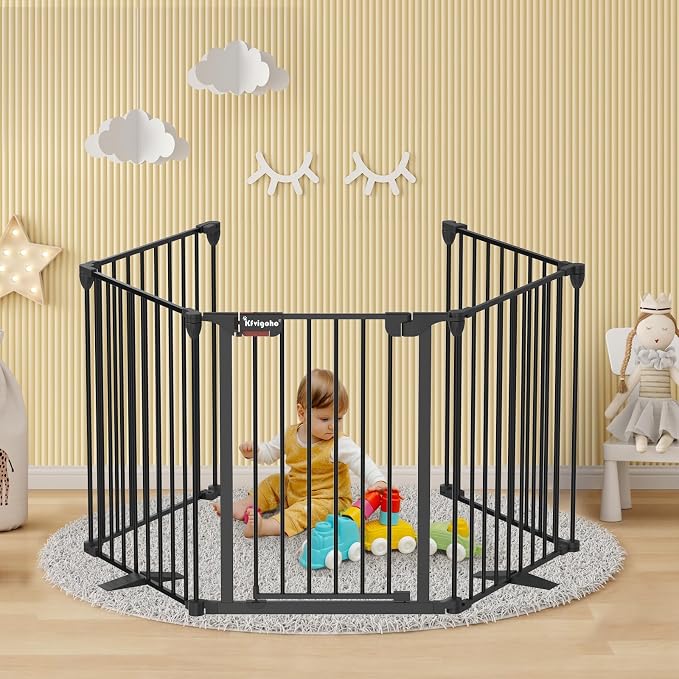 Kfvigoho Baby Gate 27.5"-129" Extra-Wide Playpen, Play Yard Child Safety Fence, Dog Gate with Auto-Close Door, Double Locking System for Fireplace, Foldable 5 Steel Panels, Black