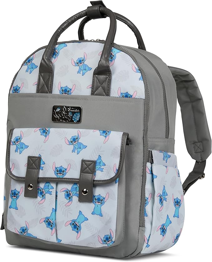Disney Diaper Bag Backpack with Changing Pad Stich ??16??Nylon Baby Bag for Parents, Insulated Bottle Holders, Multiple Storage Pockets