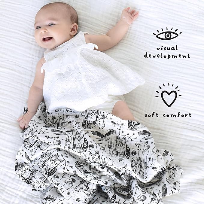 Wee Gallery, Organic Muslin Swaddle - Forest - Woodland Animals Design, Black and White for Baby Visual Development, Quality Cotton Swaddling or Receiving Blanket