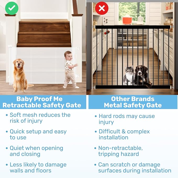 Baby Proof Me Retractable Baby Gate for Stairs & Doorways - 71” Wide Mesh Safety Gate for Toddlers, Dogs & Pets - Indoor/Outdoor Retractable Dog Gate for Hallways, Deck, Porch - Easy Installation