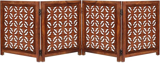 Croft&Cane Wooden Foldable Pet Dog Gate – Hand Carved 4-Panel Freestanding Dog Fence - 80W x 24H - Solid Wood & MDF Indoor Safety Barrier - Doorway Hallway & Stairs Portable Puppy Gate - Warm Walnut