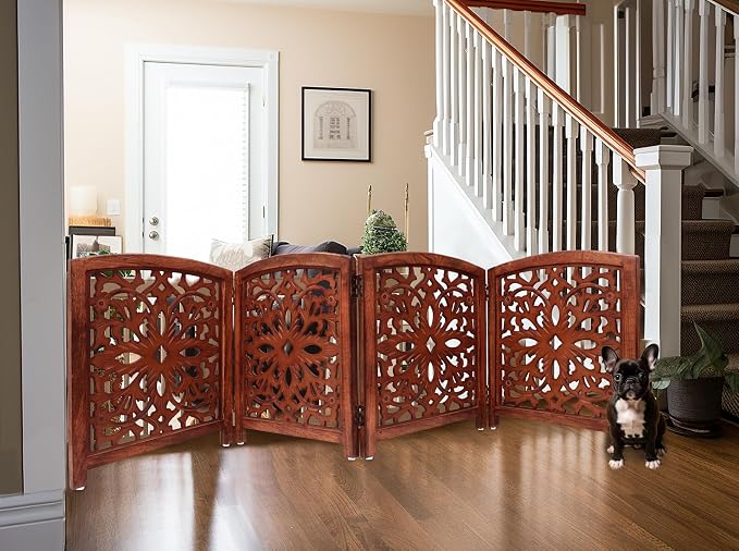 Croft&Cane Wooden Foldable Pet Dog Gate – Hand Carved 4-Panel Freestanding Dog Fence - 80W x 24H - Solid Wood & MDF Indoor Safety Barrier - Doorway Hallway & Stairs Portable Puppy Gate - Walnut Brown