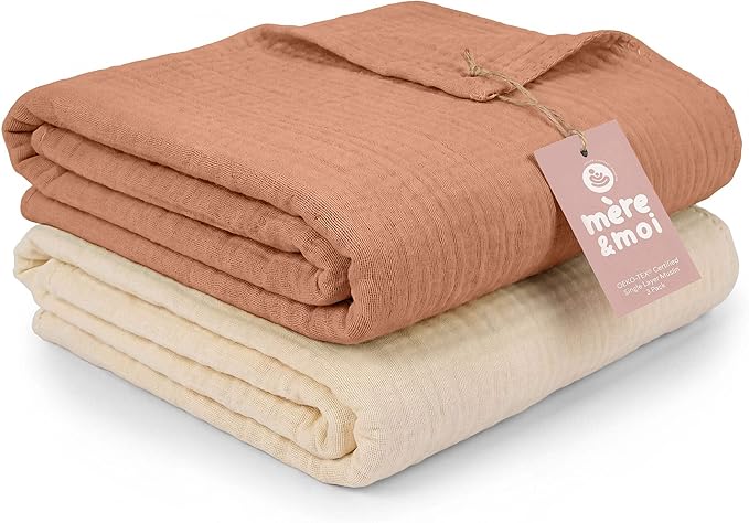 Mère & Moi: Muslin Baby Blanket ??2 Pack, Peach & Cream - 40x36", Double Layer Cotton Swaddle, Lightweight-Breathable, Oeko-TEX, Newborn-Toddler Wrap