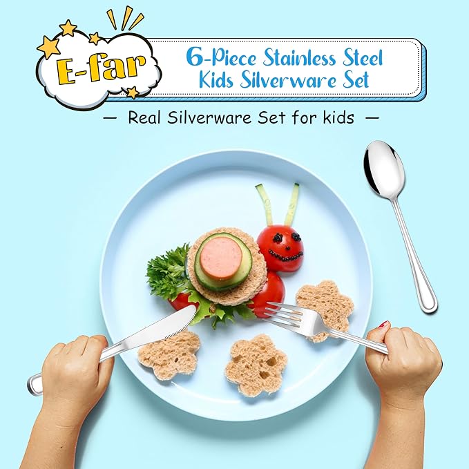 E-far 6-Piece Kids Silverware, Stainless Steel Toddler Utensils Safe for Preschooler/Children, Includes 2 Kids Forks 2 Spoons 2 Knife, Slimline Adult Look & Small Size, Rust Free & Dishwasher Safe
