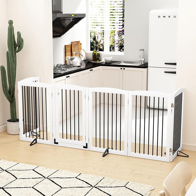 PUPETPO Freestanding Pet Gate with Door, Tall Dog Gate for House, Extra Wide, Pet Puppy Safety Fence, Support Feet Included, 120 Inch Wide, 6 Panels 32" Tall, White & Black