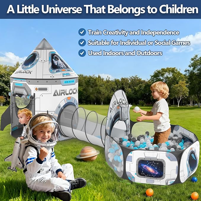 3Pcs Kids Rocket Play Tent for Boys: Pop Up Toddlers Spaceship Playhouse with Baby Crawl Tunnel, Ball Pit and Castle Tent - Children Game Tent Toys Indoor and Outdoor for Birthday