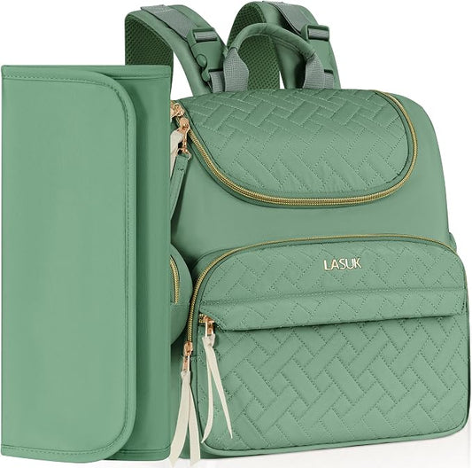 Diaper Bag Backpack, 22L Large Quilted Small Baby Bag with Changing Pad & Pacifier Case, Stroller Hooks, Easy-Access Baby Essential, Maternity Travel Backpack Unisex, Green