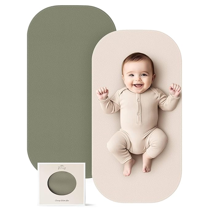 Konssy Faux Leather Baby Changing Mat, Waterproof, Wipeable & Portable Diaper Changing Pad for Travel or Home, Fits Perfectly in Diaper Bag, 30 x 17 inches (Fog Green,Beige)