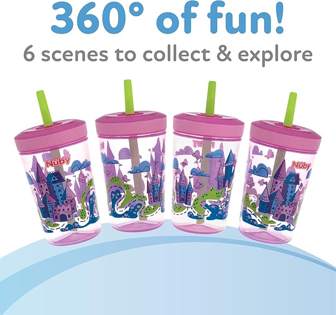 Nuby Thirsty Kids Super Sipper ??14oz No-Spill Toddler Cup with 360° Silicone Valve & Swivel Straw ??Leak-Resistant, Durable, Easy-Clean Design ??2 pk - Girls