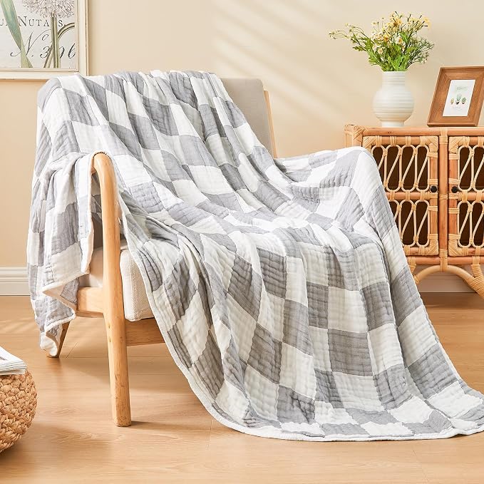 EMME Cooling Muslin Twin XL Blanket - Checkered Lightweight Summer Cotton Blanket of Rayon Derived from Bamboo for Hot Sleepers, Ultra Soft Breathable Gauze