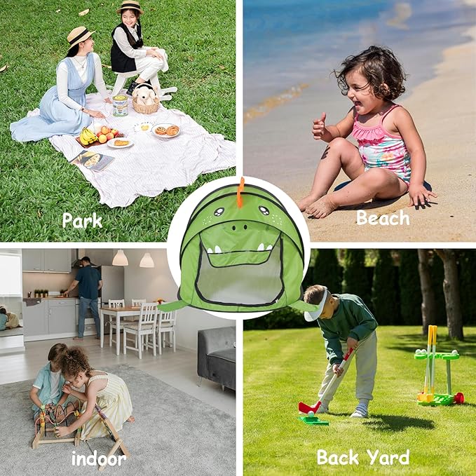 Pop up Kids Play Tent, Foldable Kids Playhouse Indoor Outdoor Toys Tents for Boys Girls Toddlers Birthday with Portable Storage Bag, Green Dinosaur