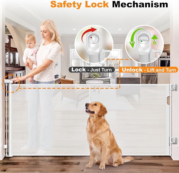 Reinforced Retractable Baby Gates 70” Wide Retractable Gate | with Support Rods to Prevent Bottom Escape, 33” Tall Mesh Dog Gate for Stairs, Doorways, Hallways, Decks, Indoor/Outdoor
