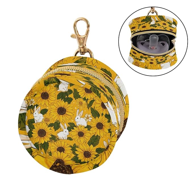 Pacifier Holder with Clip Pacifier Case for Diaper Bag Round Baby Pacifier Pouch Box Bag Portable Autumn Sunflower and Cute Rabbit
