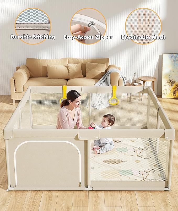 Mloong Baby Playpen with Mat - 59x59 Inches Extra Large Playpen for Babies and Toddlers, Indoor & Outdoor Activity Center, Safety Baby Fence