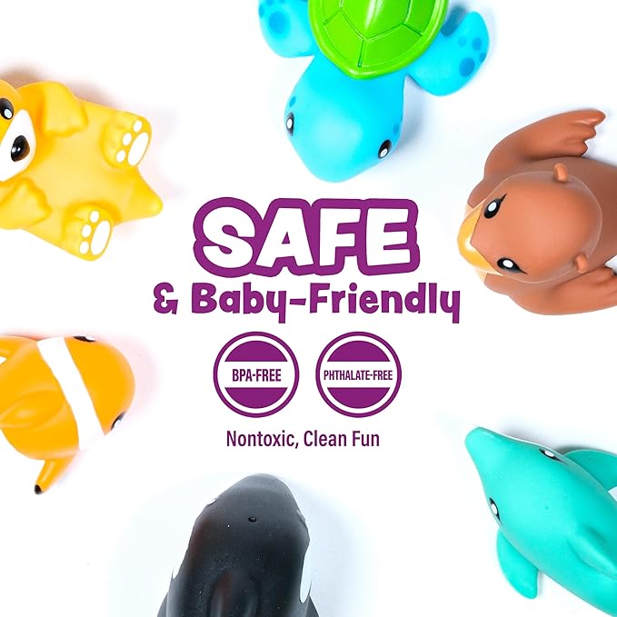 Tub Works® Marine??Mold Free Bath Toys, 6 Pack | Sealed, No Hole Bath Toys Design Keeps Moisture Out | Soft, Squeezable & Float on Water | Easy-Grip Baby & Toddler Bath Toy Set | Great Baby Pool Toys