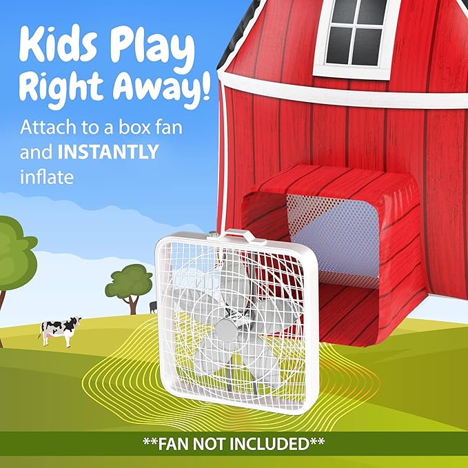 W&O Farmhouse Barn Aerodome with LED Lights & Farm Sound Button ??Inflatable Farm Play Tent ??Kids Play Tent Indoor ??Sets Up in Seconds for Ages 3-12 (Fan Not Included)
