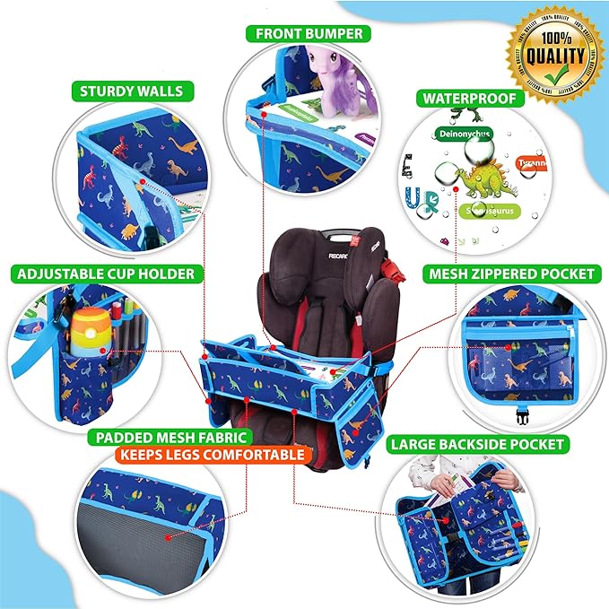 Kids Travel Tray - Waterproof Car Table with No-Drop Large Tablet Holder - Car Seat Tray - Road Trip Must Haves - Lap Desk Kids Organizer for Airplane - Toddler Travel Activities (Blue)