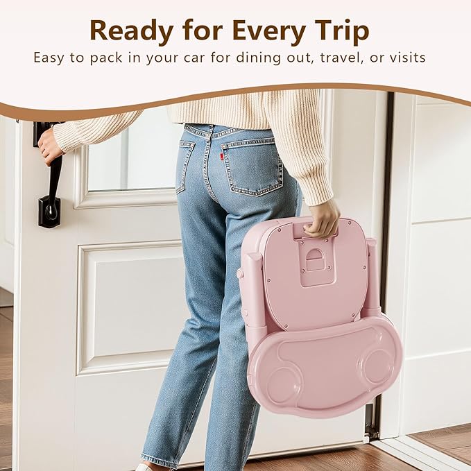 Booster Seat for Kitchen Chair, 3-in-1 Foldable & Portable Booster Seat with Tray, Extra Dishwasher-Safe Tray, Safety Straps for 6??8M (Up to 30 lbs), for Dining Table, Travel & Camping, Pink